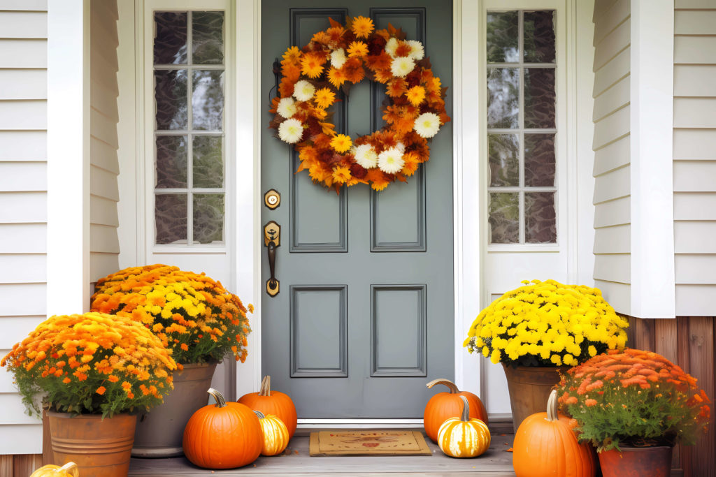 porch fall decor, including pumpkins, flowers, and a wreath